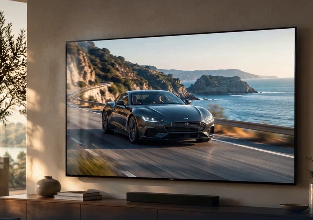 Living room television showing a car advertisement on a coastal road